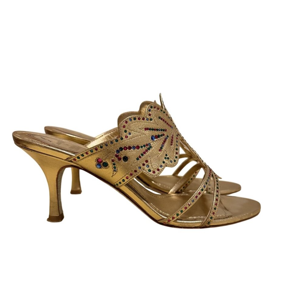 Rene Caovilla for Bergdorf Goodman Metallic Gold Rhinestone Mule Pumps Size 38